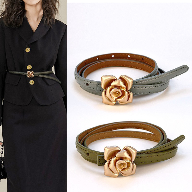 In stock genuine leather women's design thin belt Women's flower cowhide women's belt with sweater dress Women's
