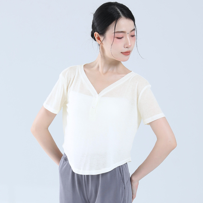 Picture of Thin V Neck Yoga Wear, Long-Sleeved Short Style, Loose-Fitting Outdoor Fitness Top, Breathable Daily Sports Blouse