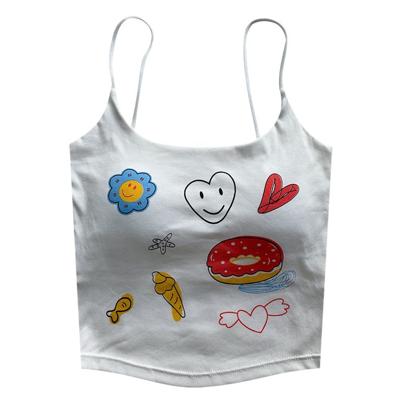 New Style Pure Sexy Printed Sling Beautiful Back Vest with Chest Pad Wrapped Chest Sweet Spice Girl Outer Wear Base Short Top