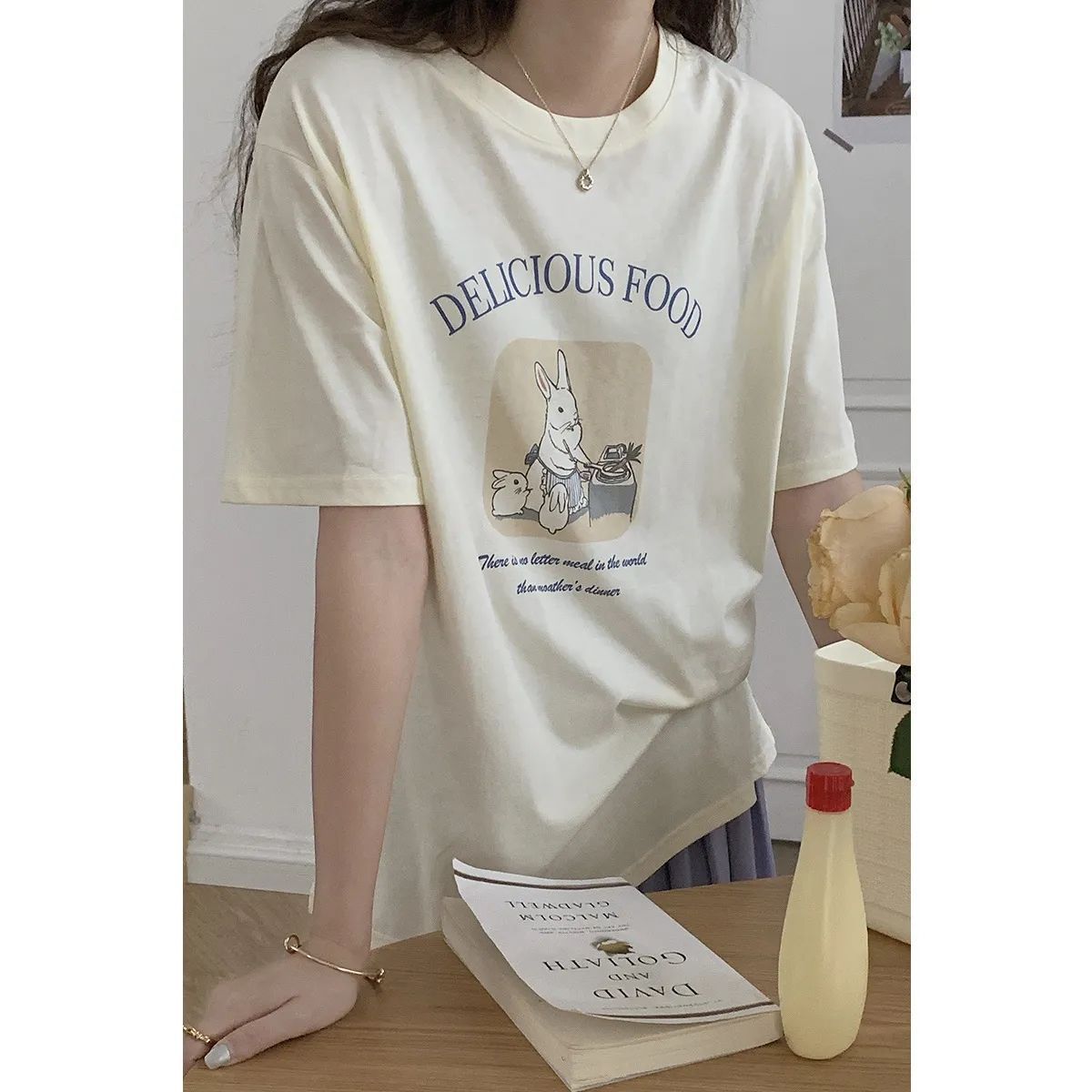 Super Hand-Feeling Modal Korean Style Bunny Sweet Loose All-Match 2025 Cartoon Printed Casual Short-Sleeved T-Shirt for Women