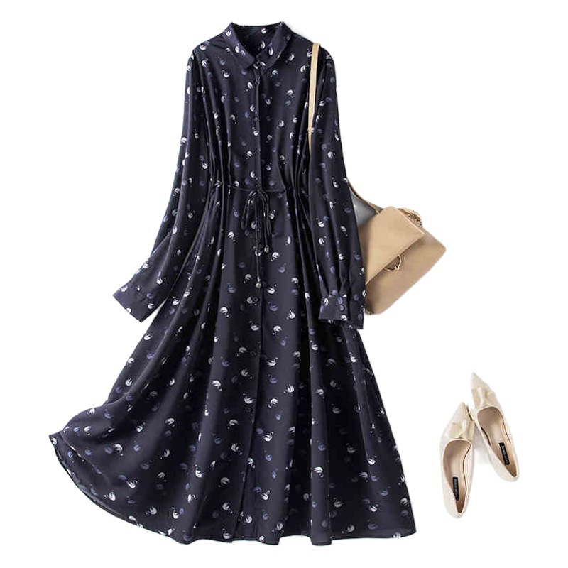 In stock 2021 autumn and winter French style chubby girl chiffon skirt printed plus size waist dress fleece-lined warm dress 3378