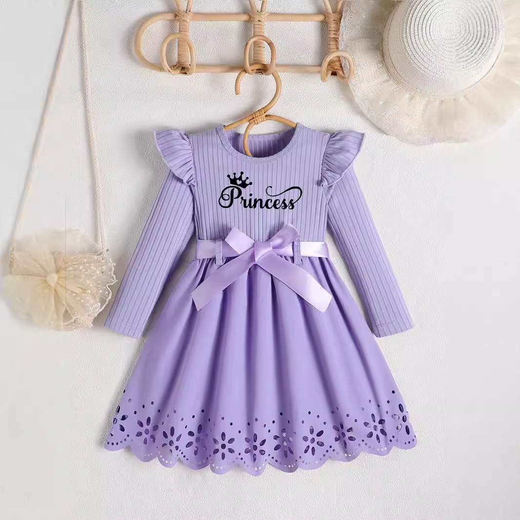 Picture of Autumn new girls princess letter printed bow belt round neck long sleeve hollow dress