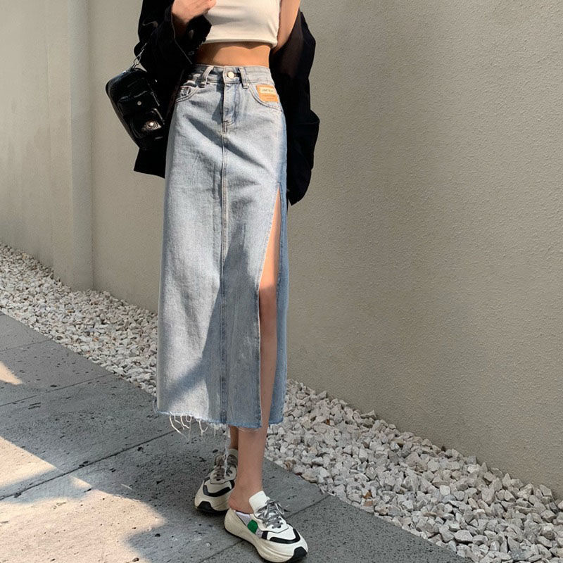Denim Skirt Women's Spring and Summer New Elegant All-match High Waist Slimming Mid-length Closing Hip Split A- line Skirt