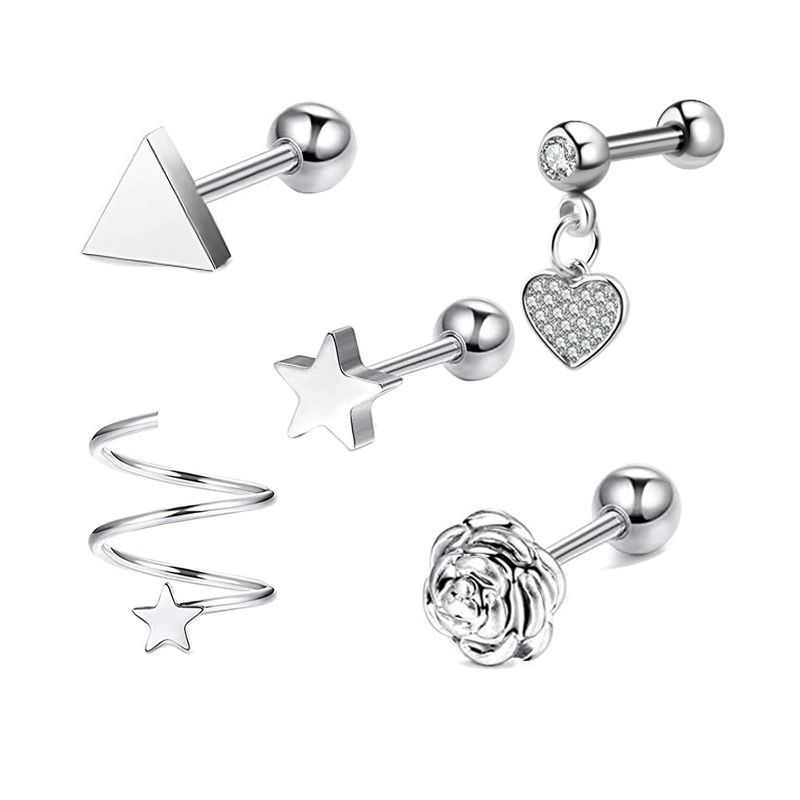 Picture of 5-Piece Set of Amazon Geometric Stainless Steel Zircon Earrings Cross-Border European and American Piercing Jewelry Silver Twisted Tooth Earrings