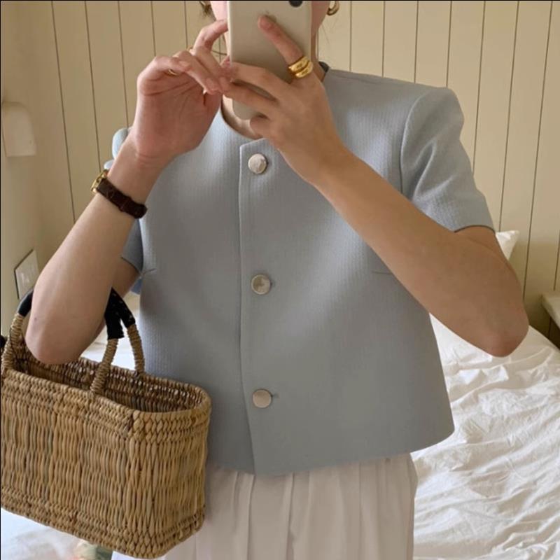 Picture of Korean Chic Summer Small Fragrant Style Round Neck Single-Breasted Casual Versatile Puff Sleeve Short Outwear Women's Small Shawl