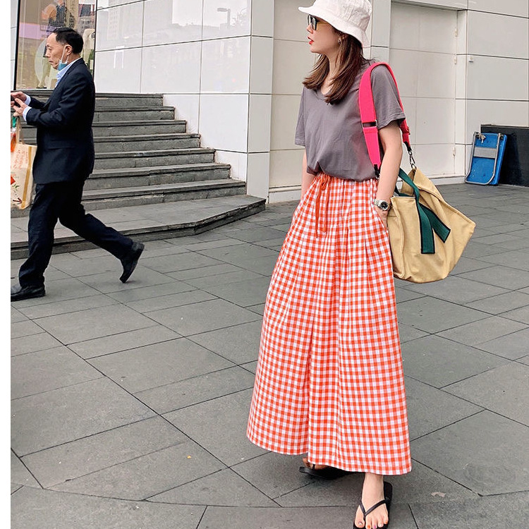 2022 Summer New Arrival Plaid Wide Leg Skirt High Waist Hip Covering Slimming Hip Skirt Plaid Straight Leg Wide Leg Casual Pants