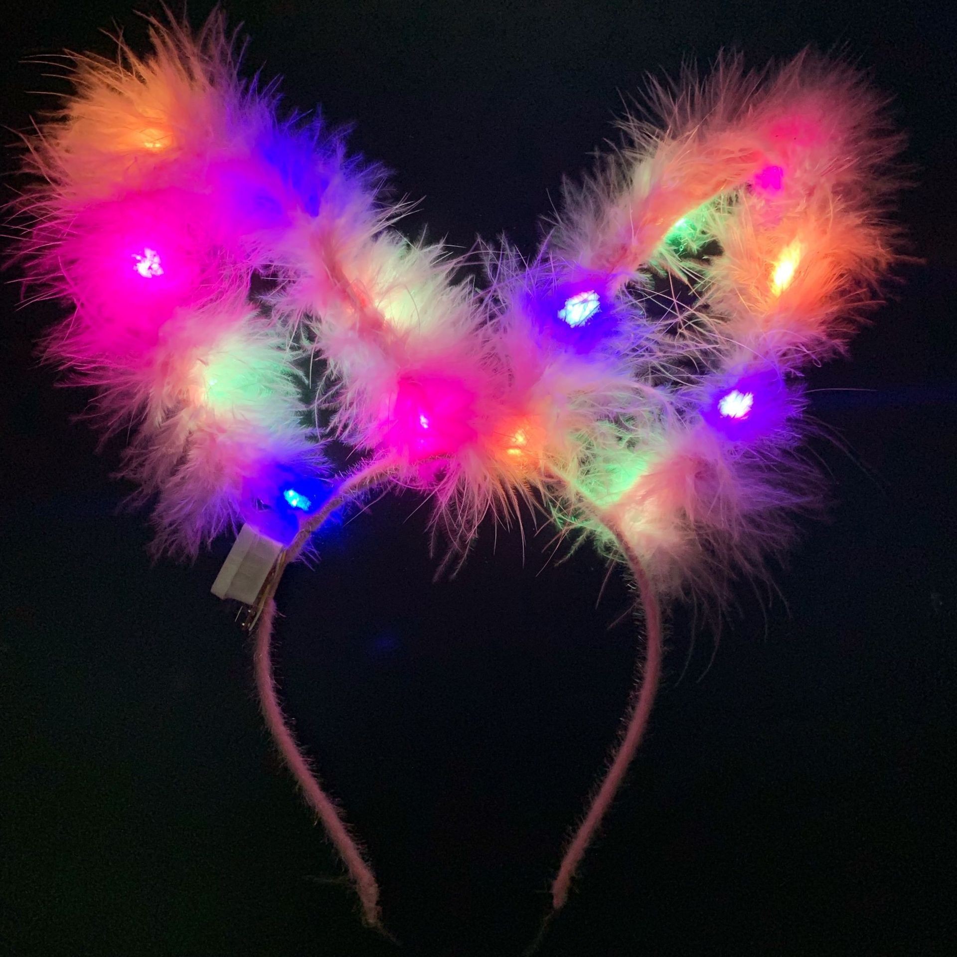 Picture of New 14 lights fox fur lengthened rabbit ears hairband luminous feather wreath night market ground push flash headdress gift