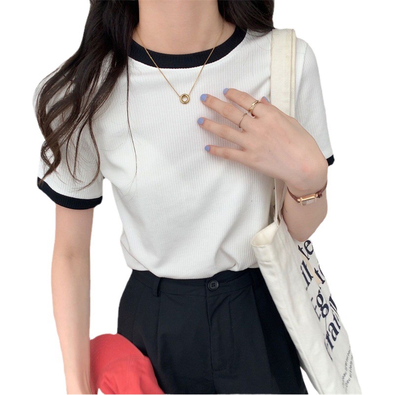 Casual bottoming shirt top women's slim short sleeve T-shirt women's summer color matching Korean student round neck women's clothing wholesale