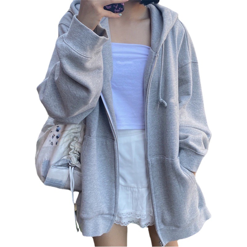 Cardigan Sweater Women's Spring and Autumn New Loose Hooded Casual Retro Hong Kong Style Sports All-match Solid Color Sun-protective Jacket
