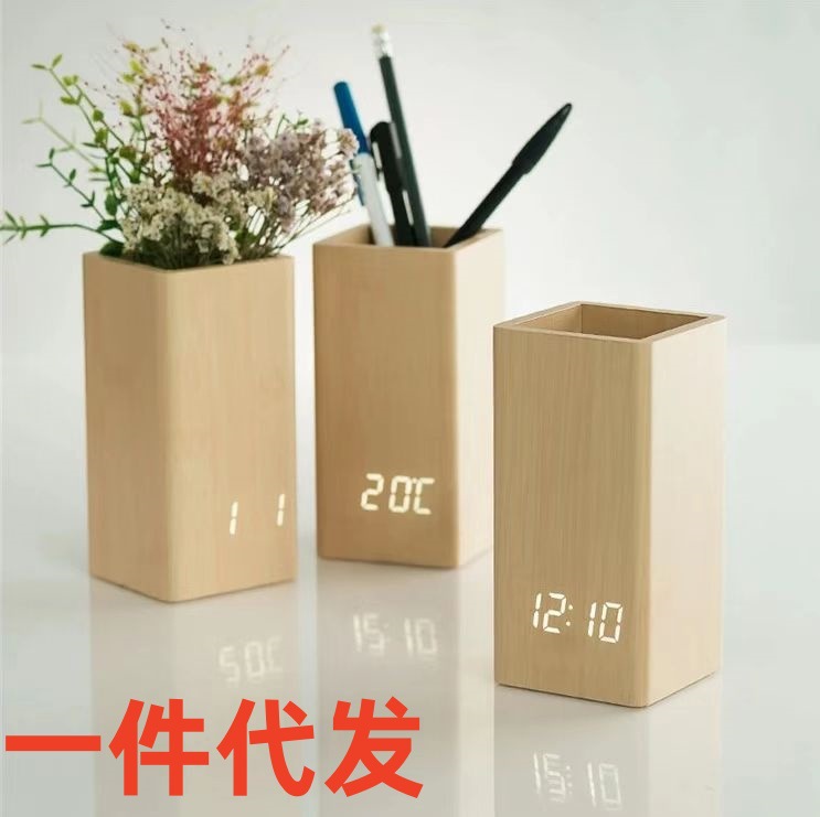 Creative Pen Holder Digital Clock Stationery Storage Box Led Wooden Voice-Controlled Alarm Clock Digital Clock Office Desk Pen Holder