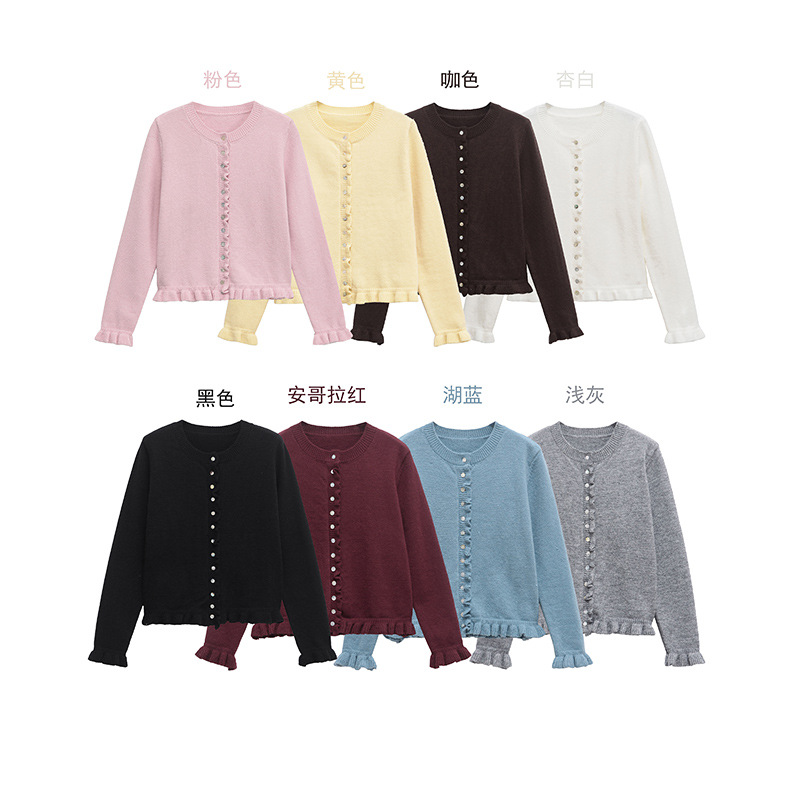 Women's Round Neck Solid Color Decorative Knitted Cardigan Coat 2024 Winter New European and American Cross-border Solid Color Sweater
