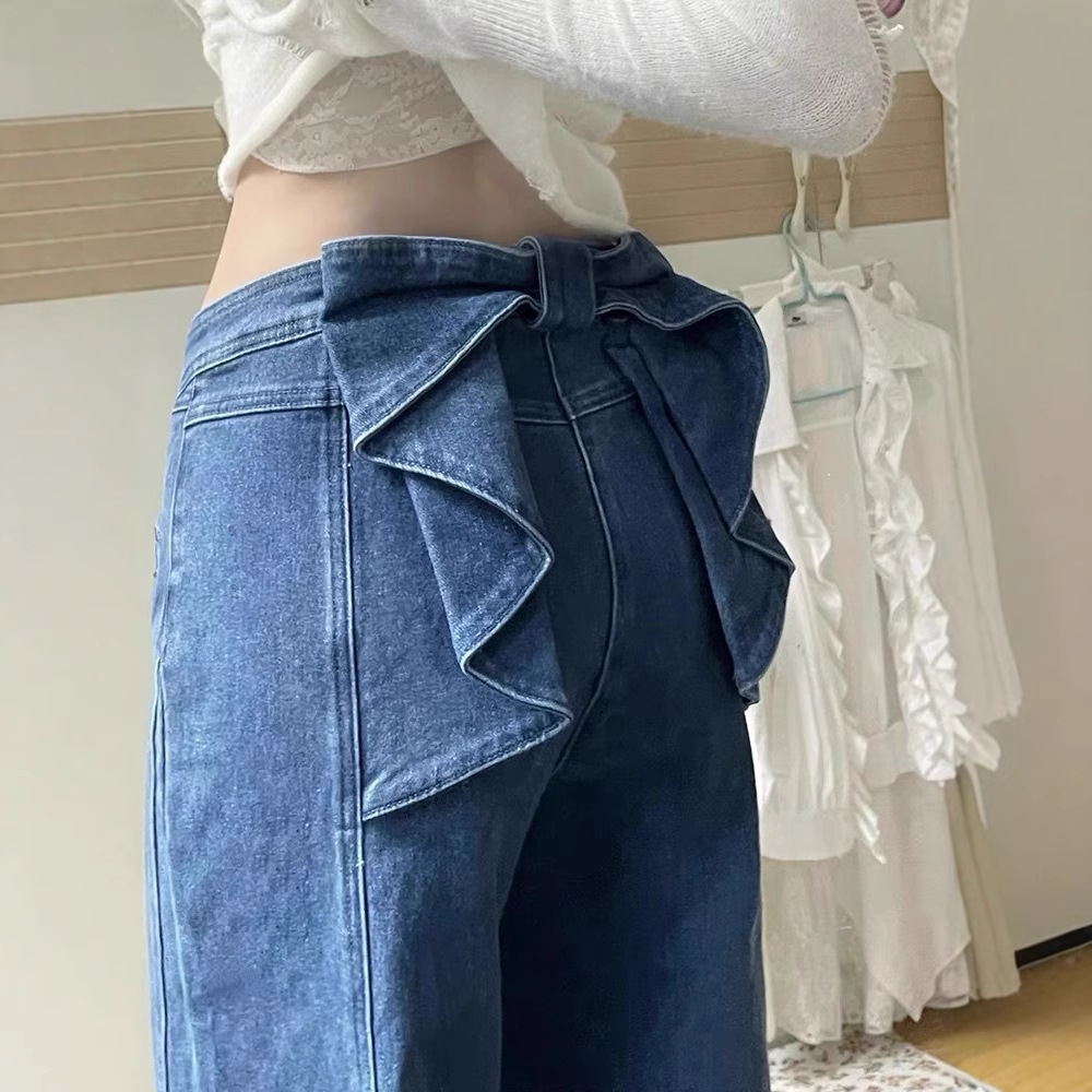 French Design High-Waisted Bow Straight Jeans for Women in Early Spring, Slimming, Loose Wide-Leg Long Pants