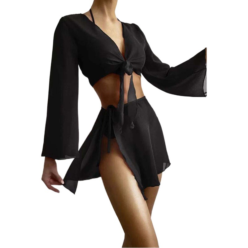 2021 spot European and American average size Black gathered solid color long sleeve split triangle swimsuit Amazon bikini