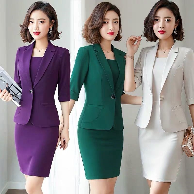 Spring and Autumn Mid-Sleeve Suit Jacket Dress Two-Piece Purple Fashionable Elegant Commuter Professional Suit Dress Green