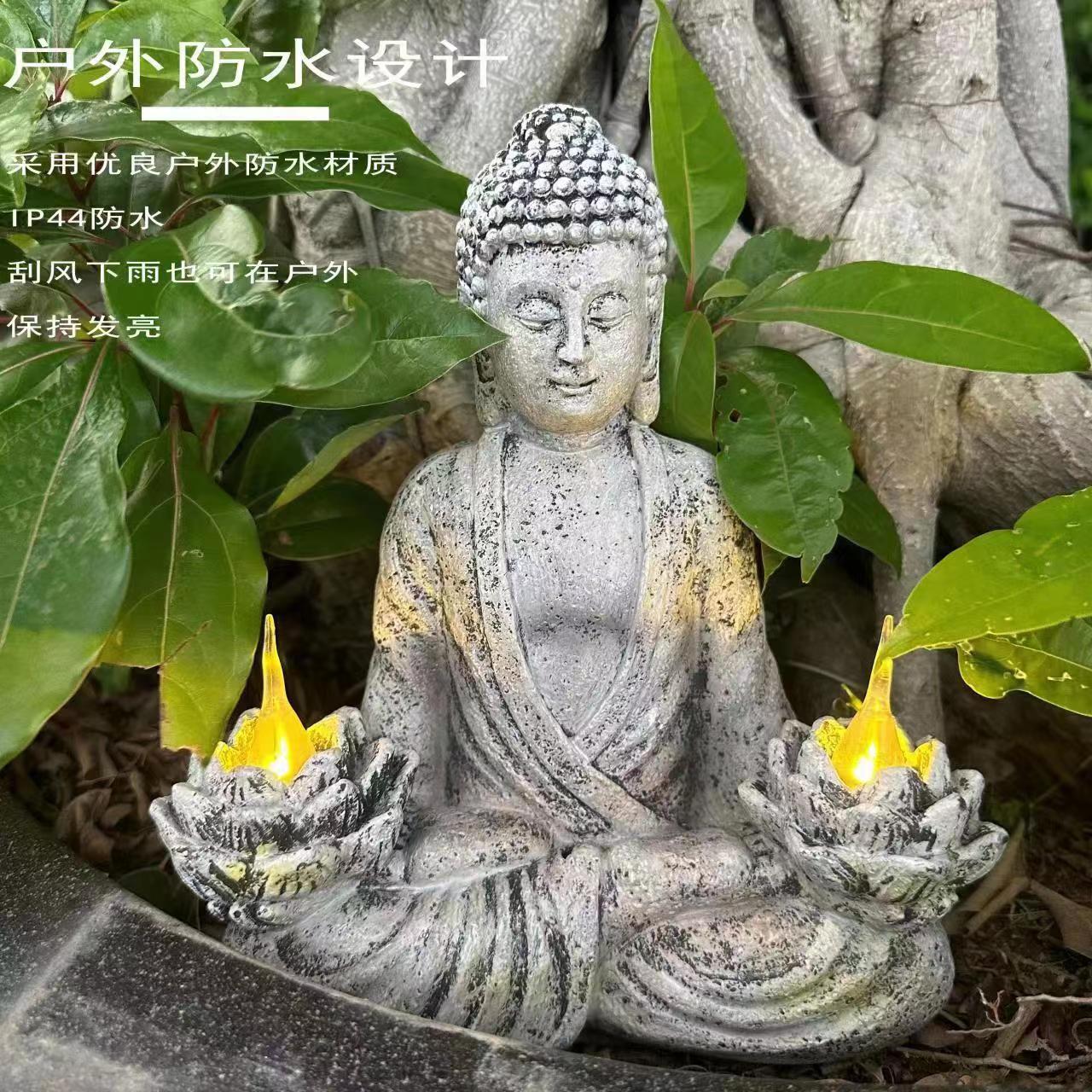 Cross-Border Creative Outdoor Zen Chinese Buddha Statue Ornaments Courtyard Decoration Entrance Home Waterproof Resin Solar