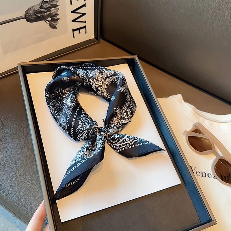 Vintage Cashew Flower Silk Small Square Scarf Black Tie Silk Scarf Women's Spring New Decorative Shirt Scarf Thin Scarf