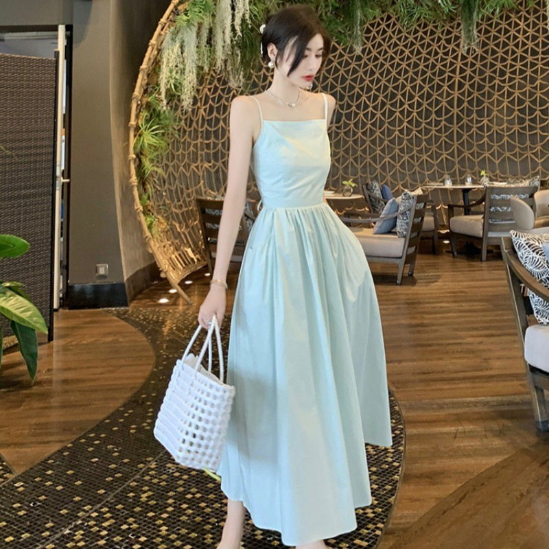 Summer New Sexy Strap Backless Pure Sling Strap dress Women's Holiday Style Waist Fairy A- Length Skirt