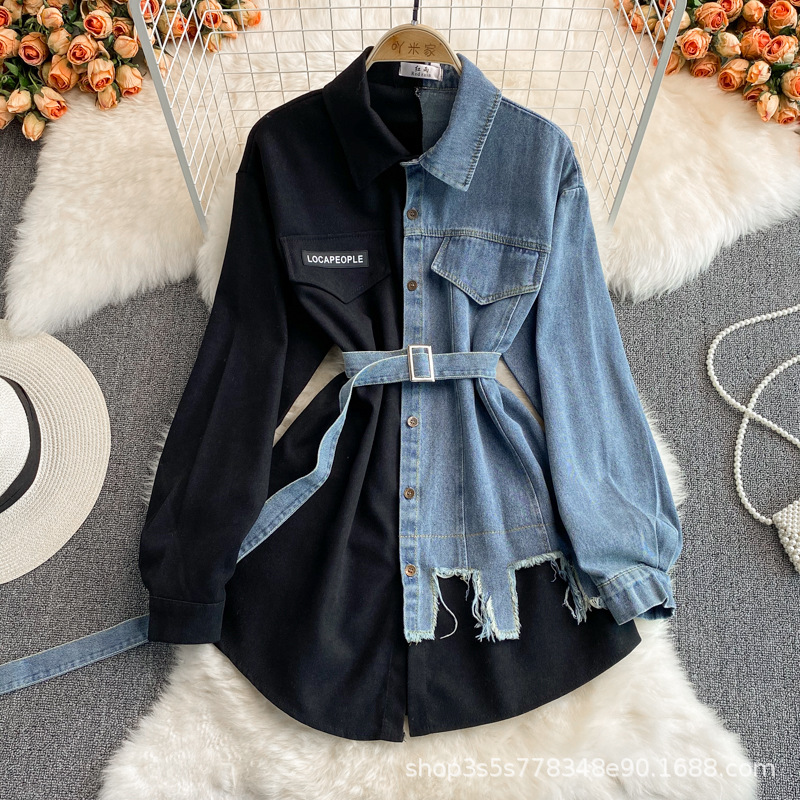 Picture of Cross-Border Denim Splicing Lapel Dress 2022 Spring and Autum New Style Waist Slimming Look Asymmetrical Mid-Length Shirt