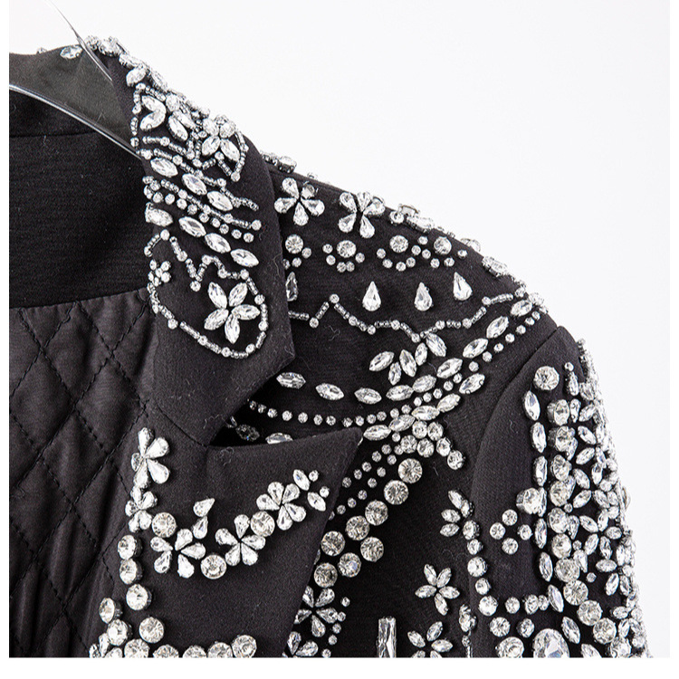 Picture of Spring and Autumn One-Button Long-Sleeved Dress Collar Heavy Industry Diamond Decoration Black Plush Cuff Slim-Fit Slimming Jacket for Women