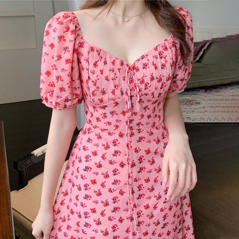 Plus size fat girl French floral chiffon dress women's summer puff sleeve waist-tight gentle sweet fairy dress