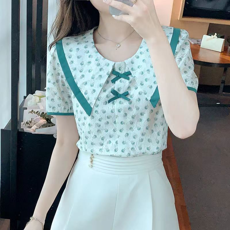Picture of Chiffon Blouse for Women, Spring and Autumn 2023, Doll Collar, Thin Mesh Top, Stylish and Versatile, Floral Pattern, Fashionable and Elegant