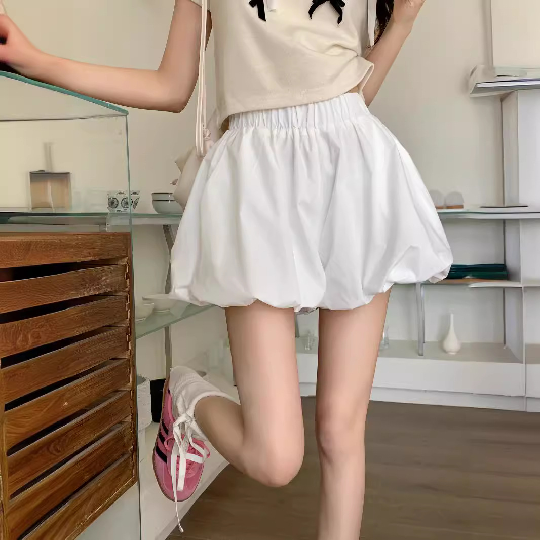 Korean Style Flower Bud Puffy All-match Shorts Women's Summer 2024 New Style Small Black High Waist Wide Leg Casual Pants