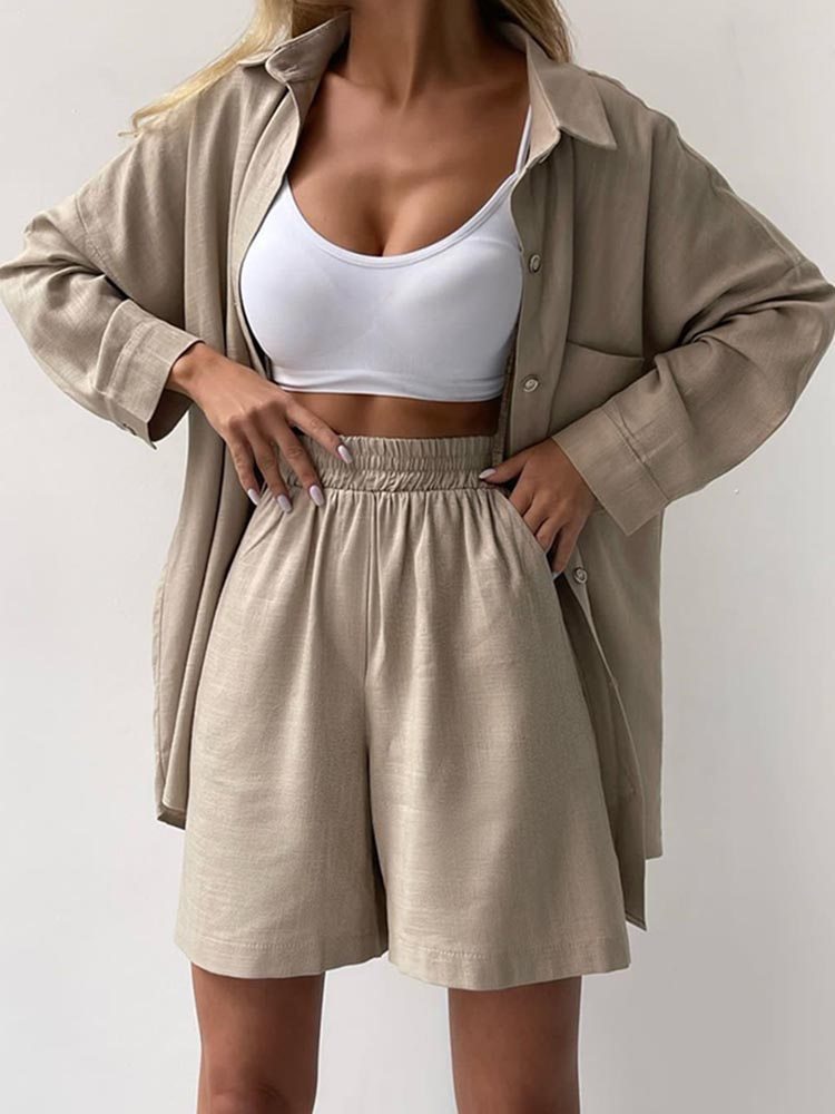 Picture of Casual plus size Long-sleeved Single-breasted Shirt Shorts Two-piece Set Elegant Spring and Autumn Loose Fashionable Solid Color Sports suit