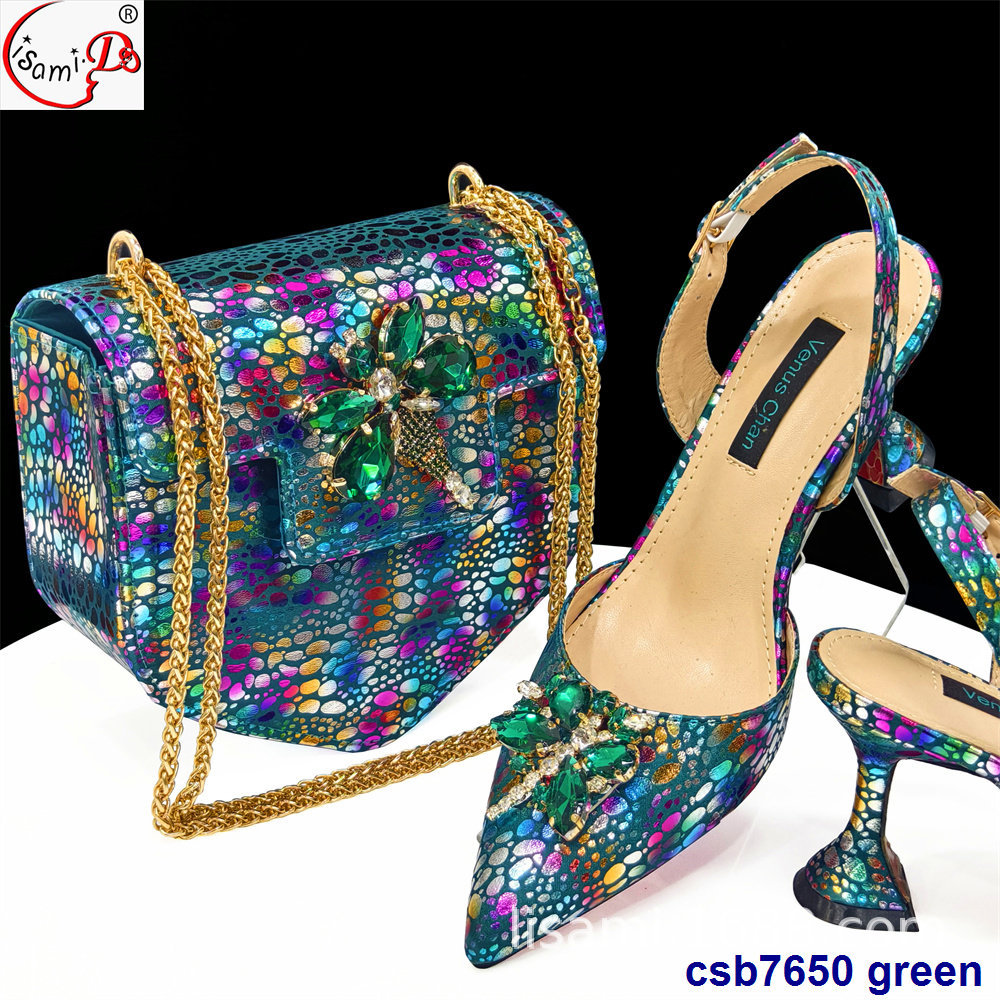 Carved Cracked Colorful Back Strap High-Heeled Sandals with Hand Bag Set Shoes and Bag Set
