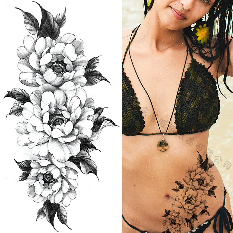 Picture of Cross-Border Supply of Sketch Flower Tattoo Stickers, Sketch Tattoo Stickers, Rose Flower Black and White Flower Tattoo