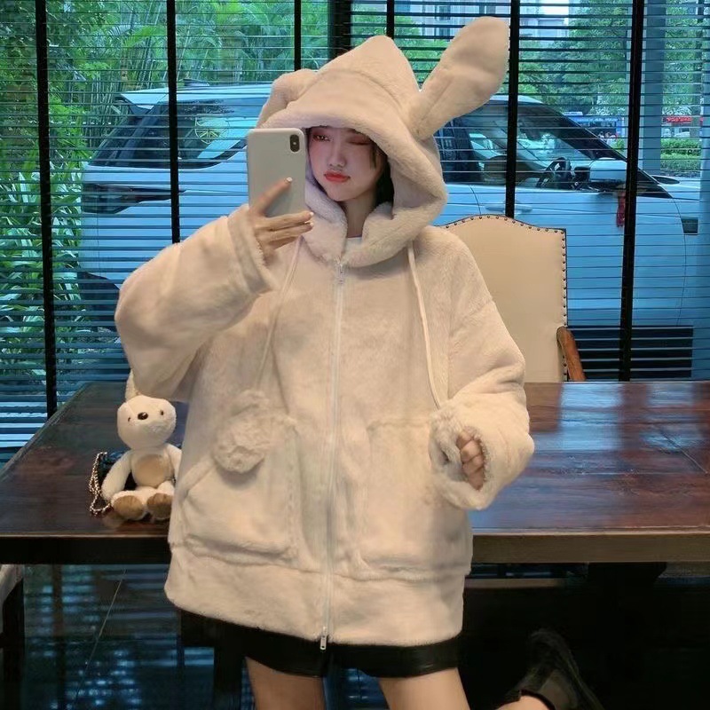 2022 Autumn and Winter New Japanese Short-sleeved Cute Rabbit Ears Small Velvet Lolite Fluffy Sweatshirt Jacket