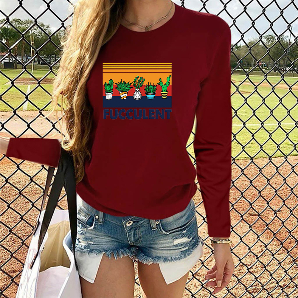 2021 Spring New Women's FUCCULENT Letters Cactus Printed Loose Pullover Long Sleeve T-shirt