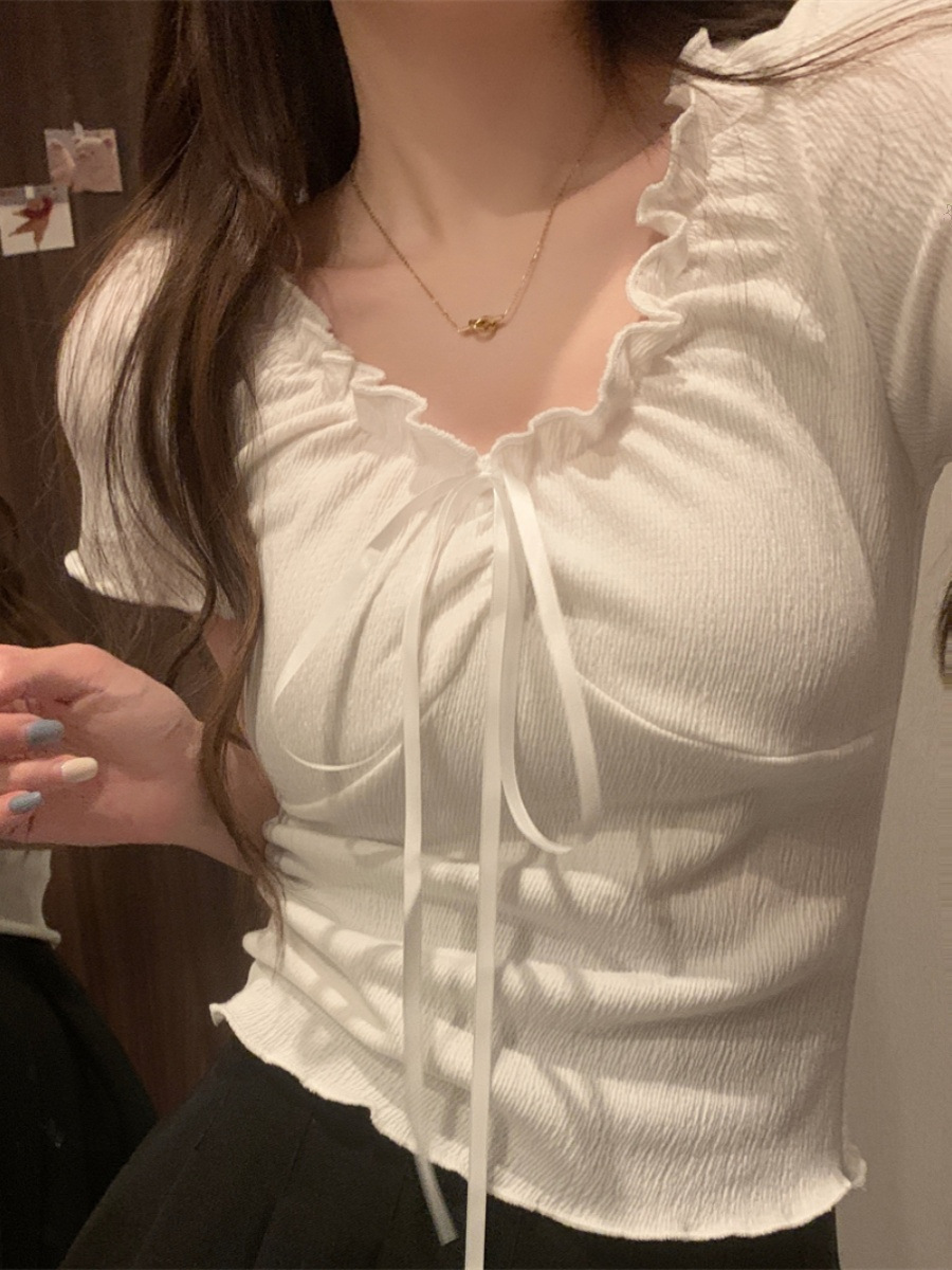 Picture of Muffled Short-sleeved T-shirt Women's 2024 New Summer Sweet and Spicy Bow Design Sense Slim-fit Short Strap Top