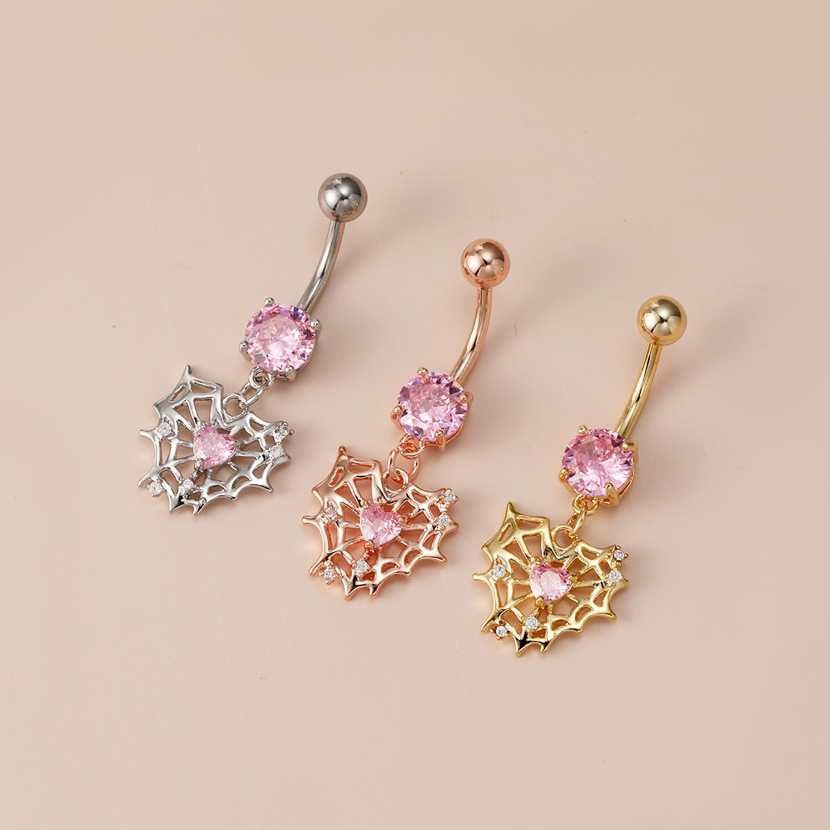 in stock Hot Sale Human Body Piercing Navel Nail Heart-shaped Spider Web Diamond Navel Ring European and American Style Fashion Navel Buckle