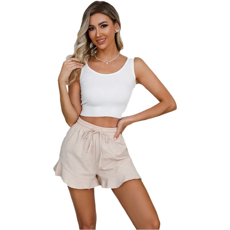 European and American Export Women's Clothing Amazon Independent Station Women's Cotton and Linen Shorts Ruffled Elastic Waist Drawstring Casual Pants for Women