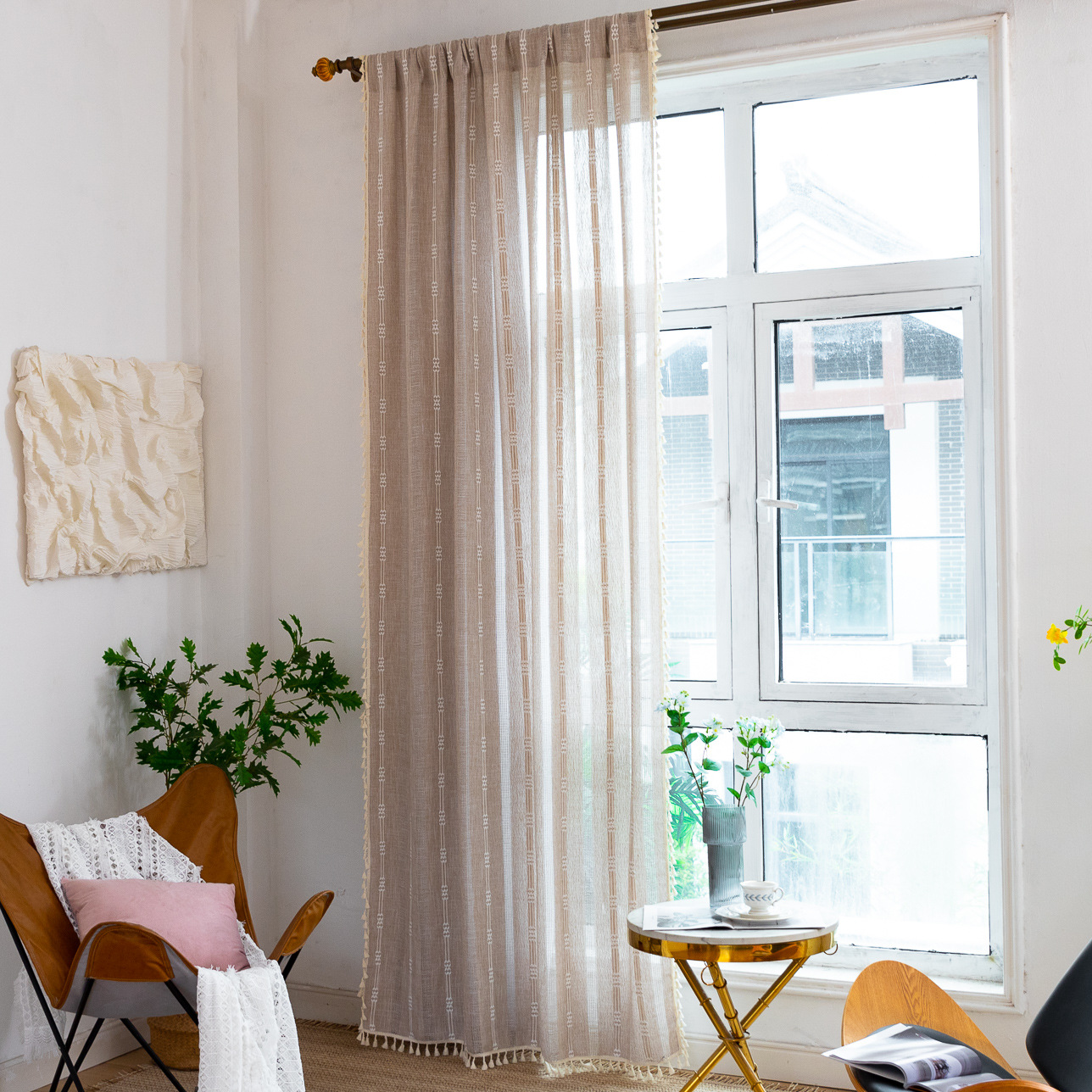 Picture of Factory cross-border special curtain finished embroidery stripe hollow brown bedroom jacquard kitchen small window short curtain