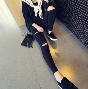 Picture of Ripped Imitation Jeans Women's High Waist Leggings Outer Wear Thin plus size Leggings Black Pencil Pants Spring and Summer Pants