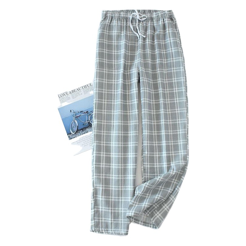 Men's Woven Cotton Gauze Home Pajama Pants Spring Summer Autumn Fresh Large Plaid Casual Men's Pajama Pants Thin Home Pants