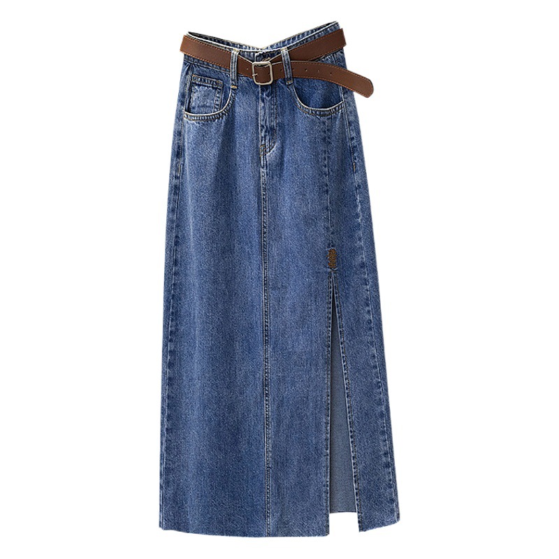 Embroidered High Waist Denim Skirt Women's Mid-length 2023 Autumn New Slimming Split Hip A- line Dress Trendy