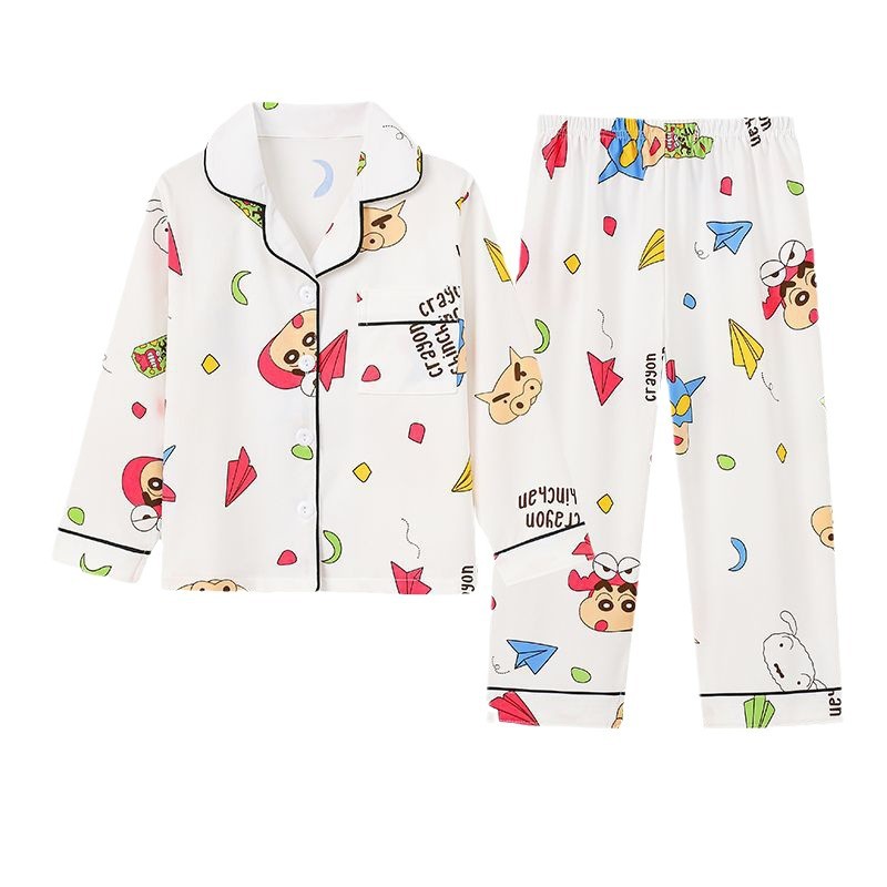 Picture of Children's Pajamas Spring and Autumn Cute Cartoon Boys and Girls Lapel Cardigan Long Sleeve Trousers Children's Home Clothes