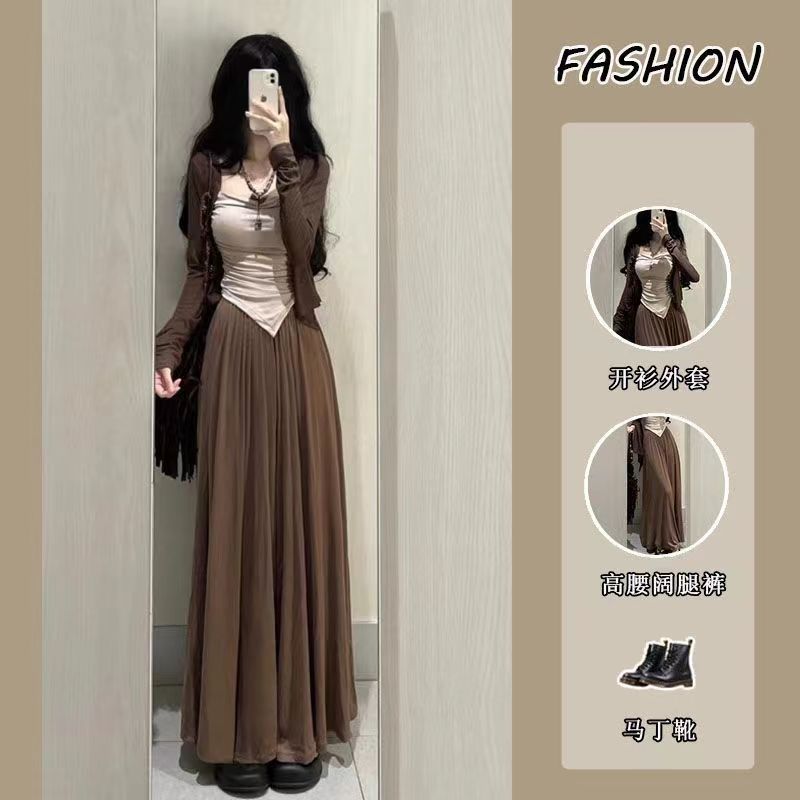 Three-Piece Set for Women 2025 Summer New Style Pure Lust Sexy Sun Protection Long-Sleeved Cardigan Jacket Camisole Wide-Leg Pants