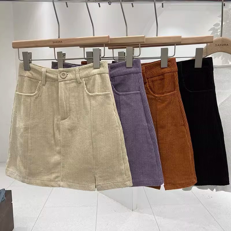 Women's Slit High Waist Button Corduroy A- Line Skirt 2024 Autumn Korean-style All-match Anti-walking Hip Skirt