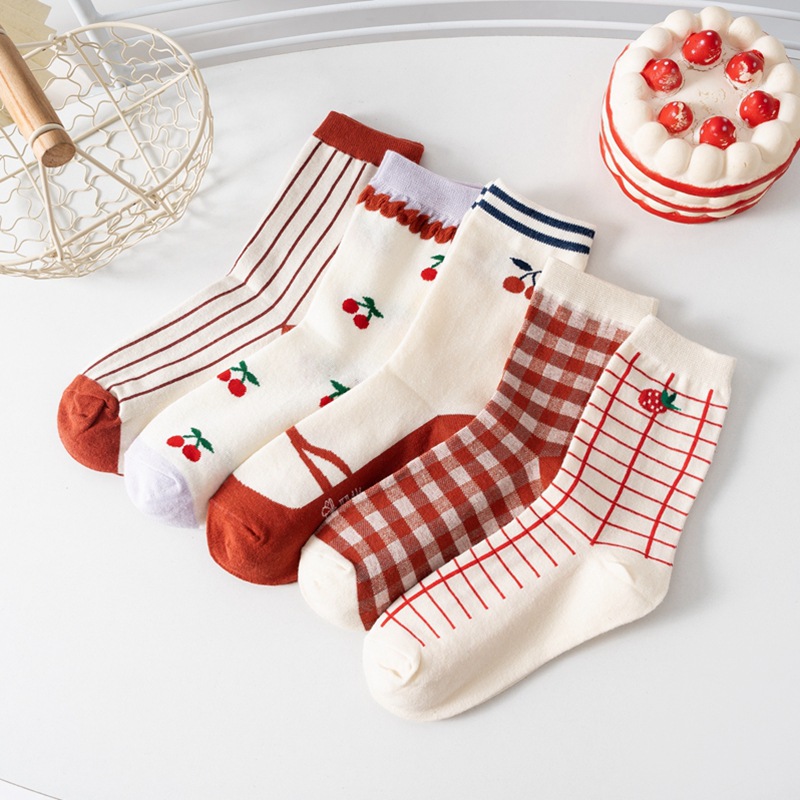 Socks for Women Spring New Cherry Combed Cotton Mid-Calf Women's Socks Bubble Socks Sweet Girly Trendy Socks