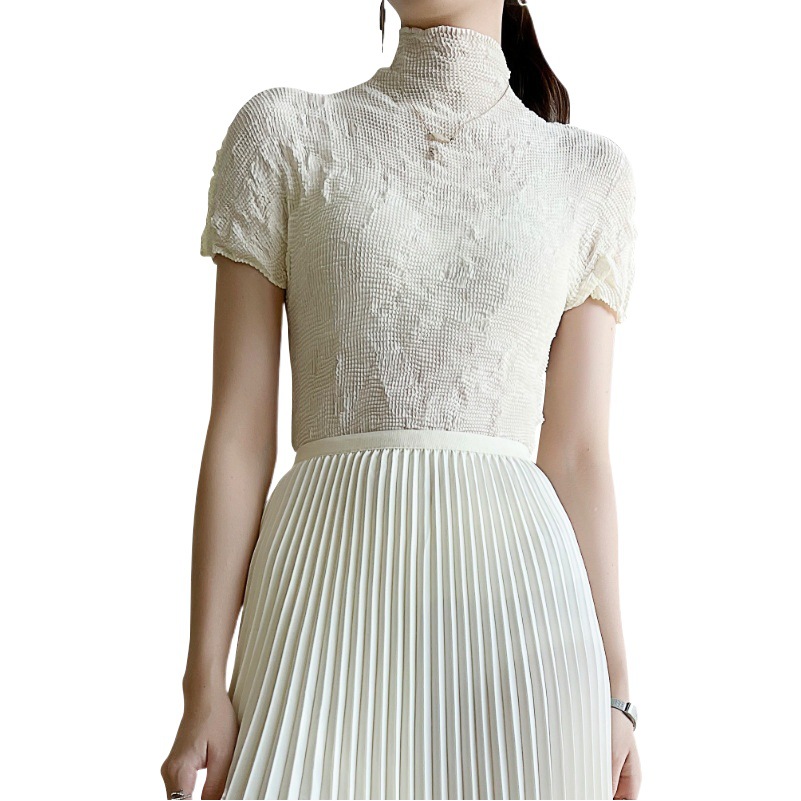 Pleated Tops Women's Bottoming Shirt Summer New Elegant High Collar Slim Fit Miyake Thin Short-Sleeved T-Shirt for Women