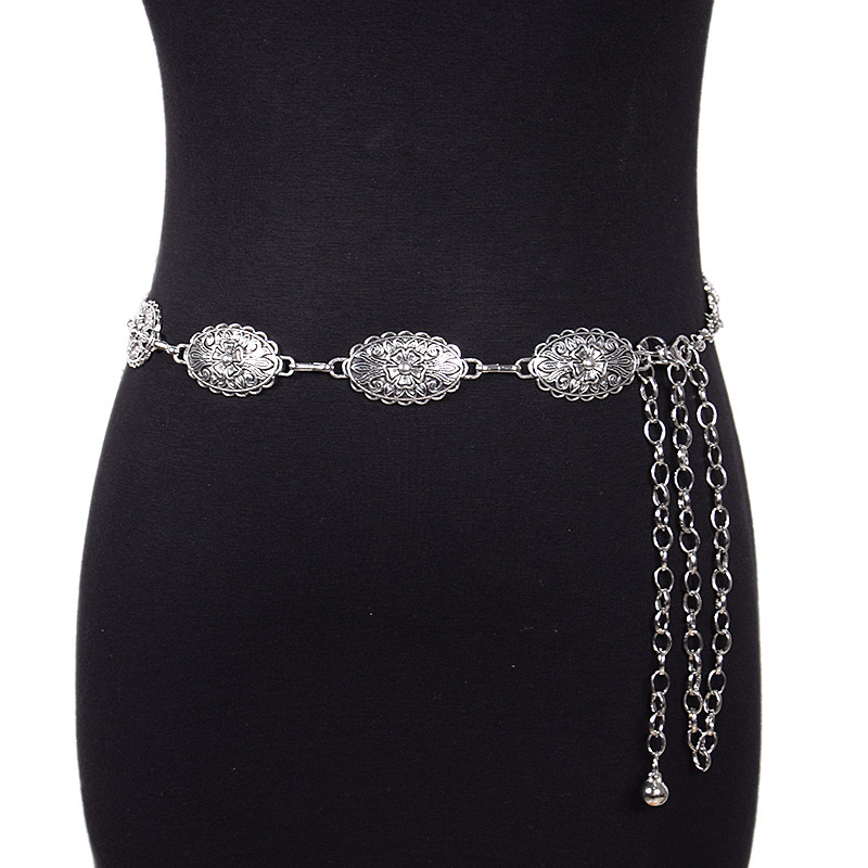 Cross-Border carved retro metal Women's waist chain ancient silver Western wind carved alloy chain with coat spot wholesale
