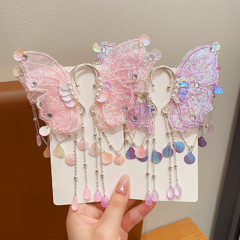 Picture of Children's Mermaid Tassel Earrings Girls Super Fairy Butterfly Shell Earrings Little Girl Princess Elf Earrings Accessories