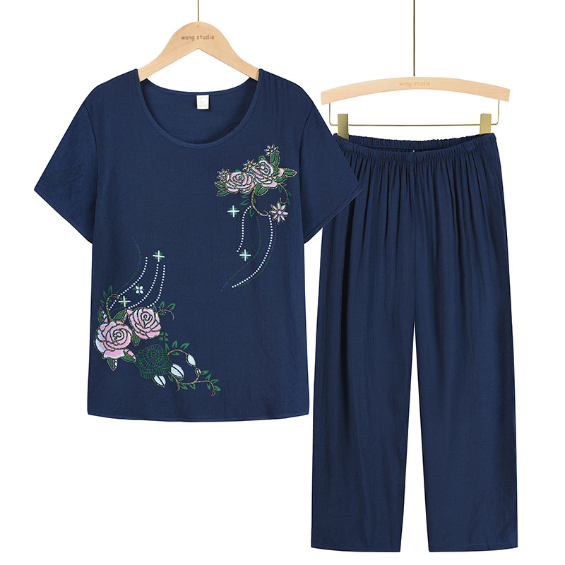 Middle-aged and elderly women's summer two-piece mother's 70-year-old grandmother's short-sleeved T-shirt jacket set Old Lady's pajamas