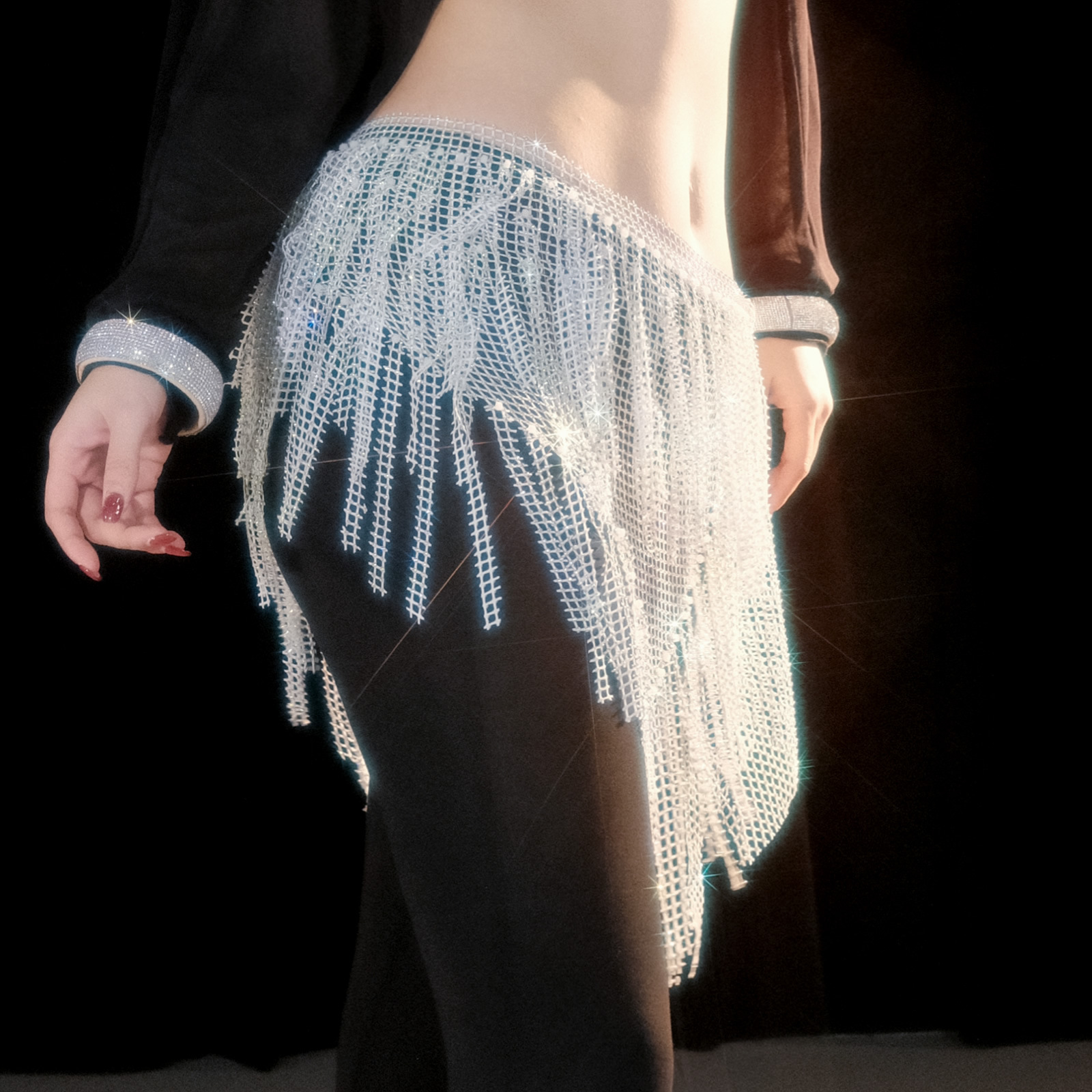 Picture of Dancer Handmade Flash Diamond Hip Towel Belly Dance Tassel Waist Chain Multi-layer Hot Diamond Dance Accessories Fart Curtain Y1028