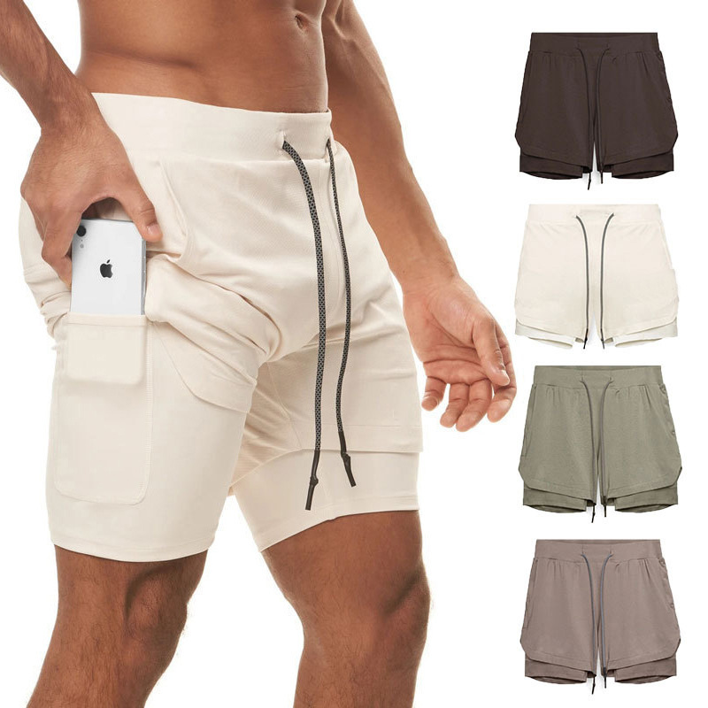 2021 New Sports Shorts Men's Double Layer Color Matching Hanging Towel Fitness Running Breathable Solid Color Pants Amazon