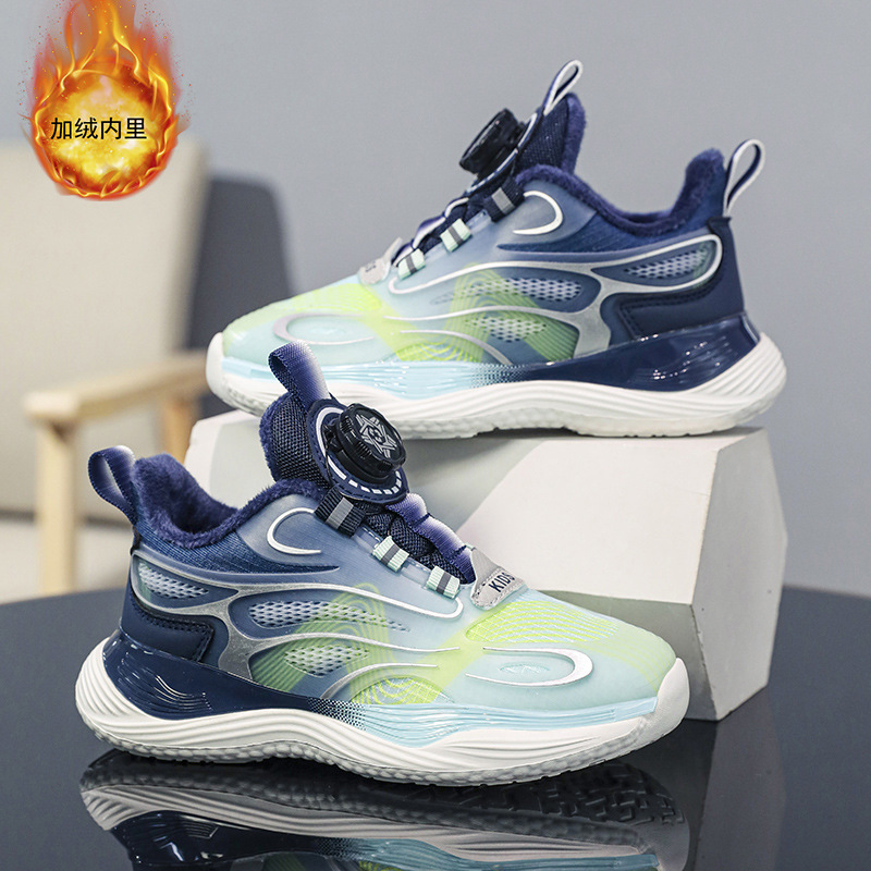 Boys Wholesale Basketball Shoes Big Kids sneaker Button Swivel fleece-lined Children Boys Shoes Cotton Shoes Autumn and Winter