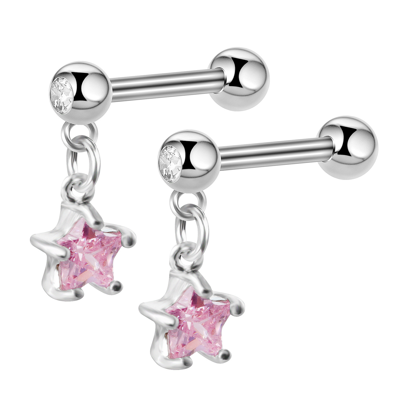 Cross-border e-commerce new fashion stainless steel pink diamond thread ear bone nail five-pointed star zircon fine Rod earrings wholesale